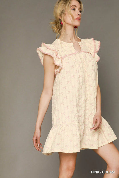 Bow Print Ruffled Cap Sleeve Mini Dress - Pink / Cream - product view 2