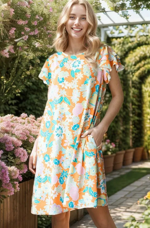 Full Size Ruffled Short Sleeve Floral Mini Dress Plus Size in Orange - product view 1