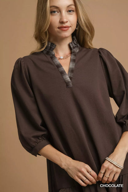 French Terry Ruffle Hem Dress with Plaid Trim - Chocolate - product view 6