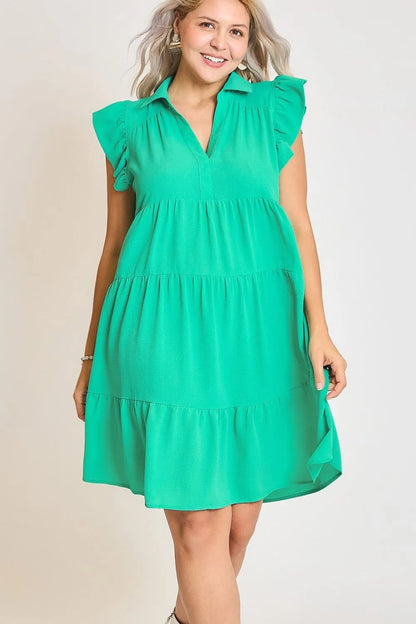 Full Size Johnny Collar Ruffle Cap Sleeve Tiered Dress Plus Size - Jade Green - product view 3
