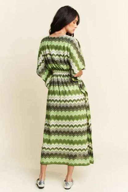 Multi Color Wavy Tie Waist Flowy Sleeve Dress - Sage Multi - product view 2