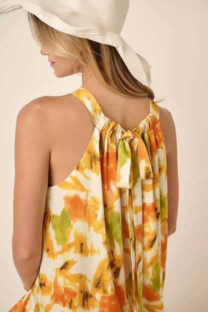 Watercolor Print Halter Neck Satin Maxi Dress in Orange - product view 4