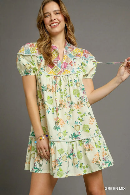 Floral Print Tie Neck Puff Sleeve Dress - Green Mix - product view 1