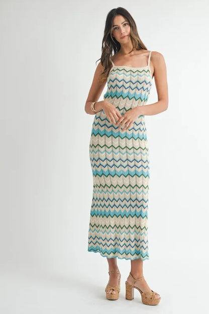 Lightweight Pointelle Chevron Knit Maxi Dress - Aqua - product view 5