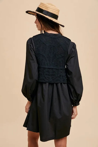 Crochet Vest Notched Long Sleeve Shirt Dress in Black - product view 3