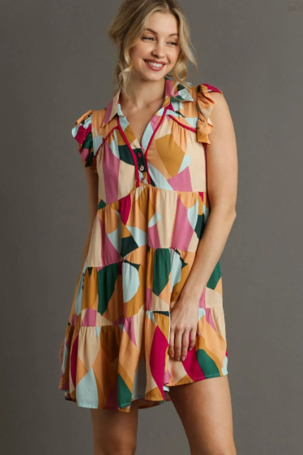Full Size Button Detail Ruffle Sleeve Mini Dress Plus Size in Peach/Fuchsia - product view 1
