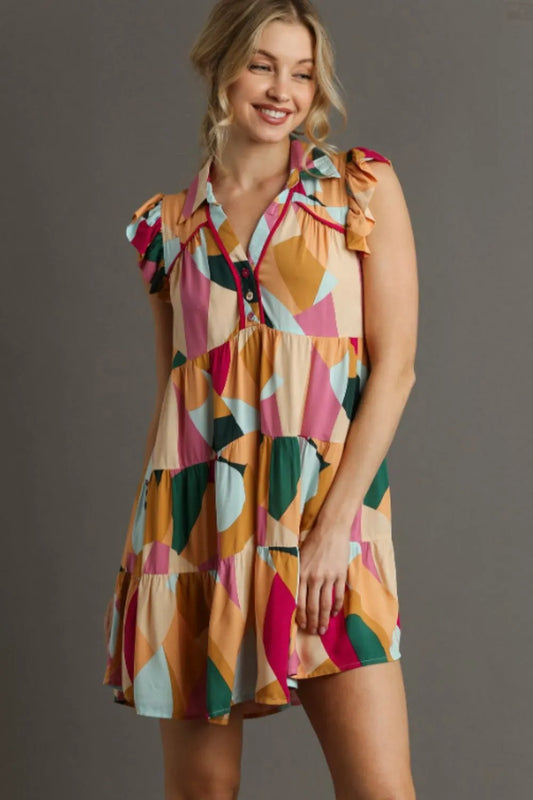 Full Size Button Detail Ruffle Sleeve Mini Dress Plus Size in Peach/Fuchsia - product view 1