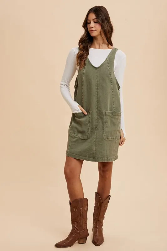 V-Neck Adjustable Strap Denim Overall Dress with Pockets - Army Green - product view 4