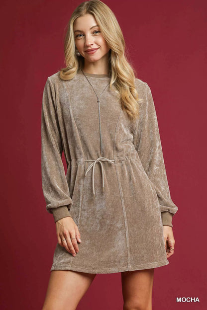 Velour Drawstring Mini Dress with Long Sleeves - Mocha - product view 2