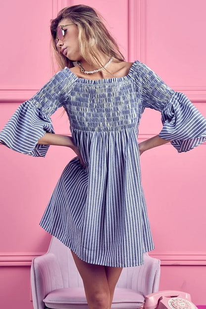 Smocked Off Shoulder Striped Dress - Denim - product view 9