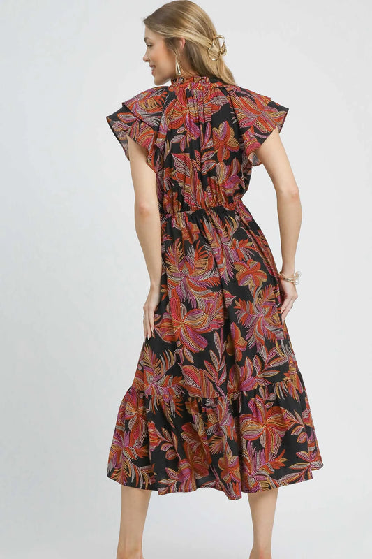 Mix Ruffle Sleeve Tropical Midi Dress in Black Mix - product view 2