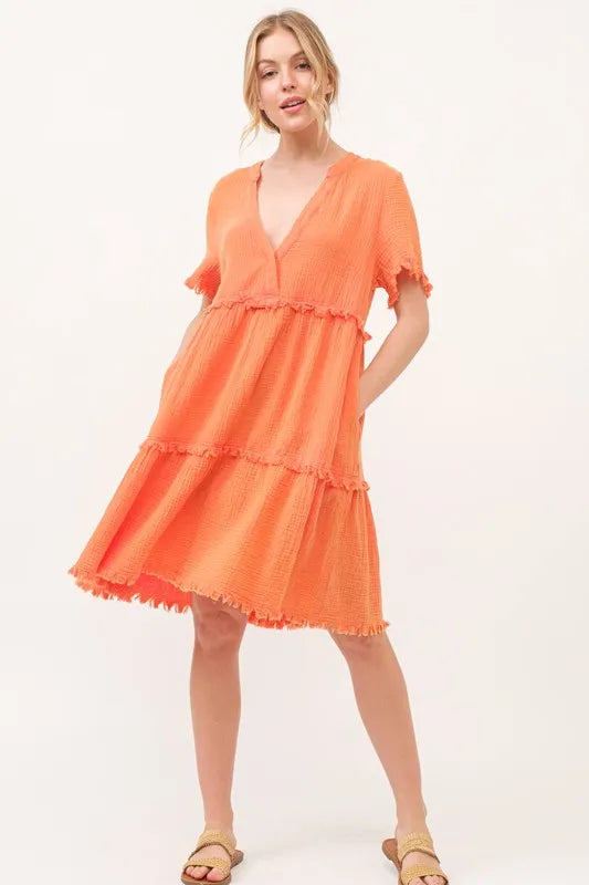 Washed Frayed Detail Tiered Dress - Orange - product view 4