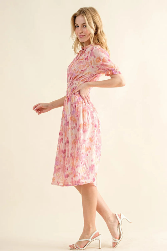 Full Size Smocked Waist Printed Midi Dress in Pink Multi - product view 2