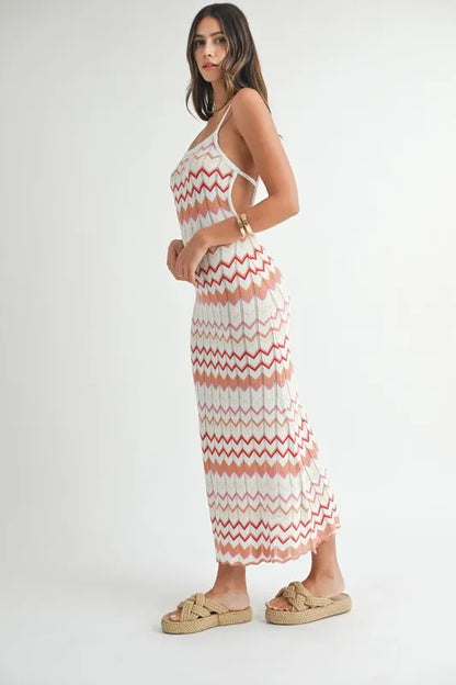 Lightweight Pointelle Chevron Knit Maxi Dress - Salmon - product view 5