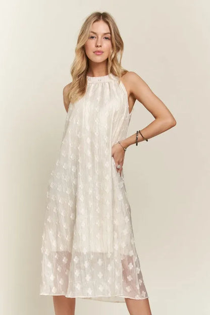 Applique Pearl Detail Grecian Neck Midi Dress in Beige - product view 3