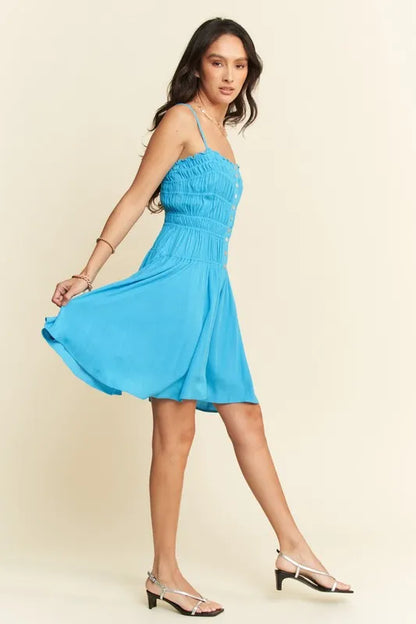 Smocking Bodice Sleeveless Button Down Mini Dress in Azure - product view 8
