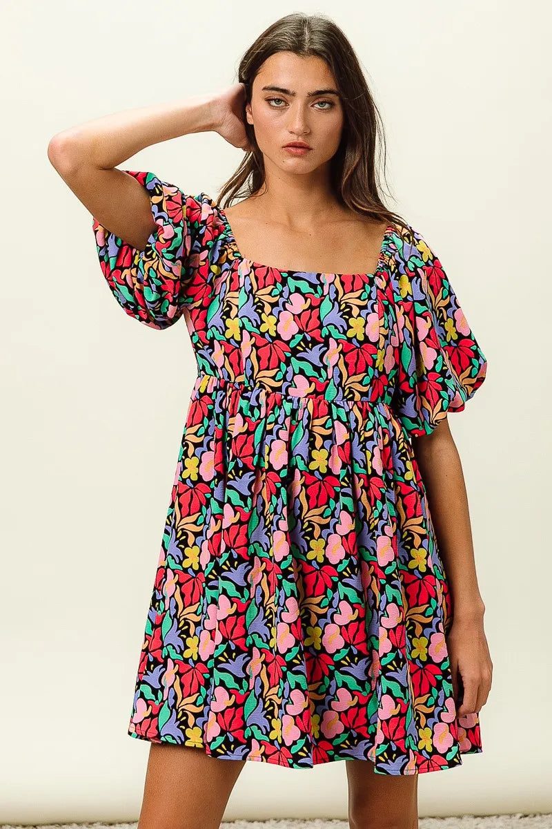 Floral Print Puff Square Neck Dress in Black Multi - product view 17