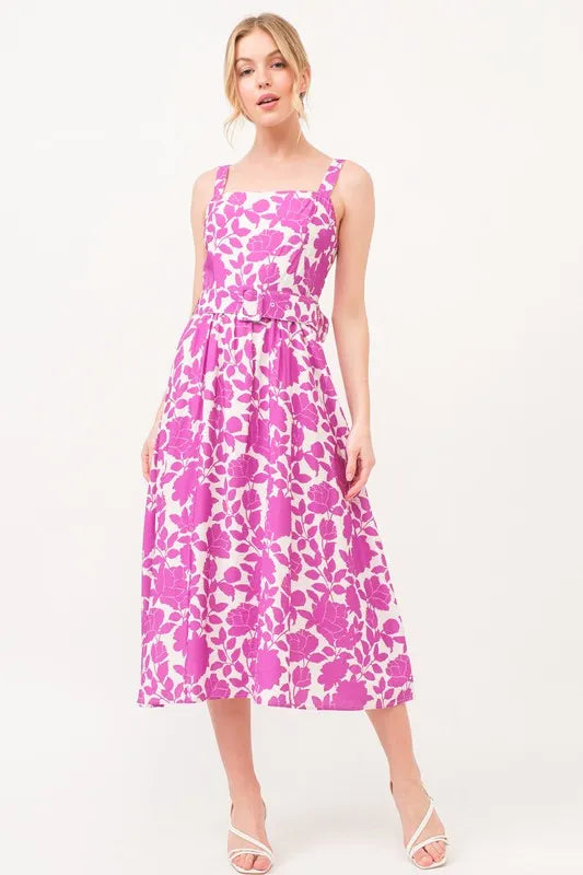 Square Neck Belted Floral Printed Midi Dress in Magenta - product view 6