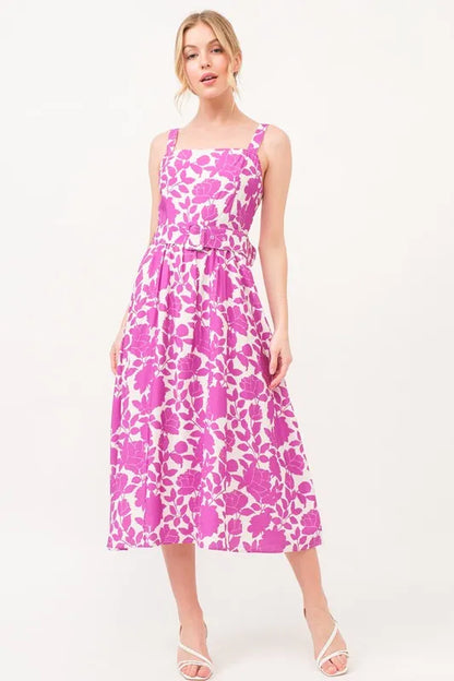 Square Neck Belted Floral Printed Midi Dress in Magenta - product view 6