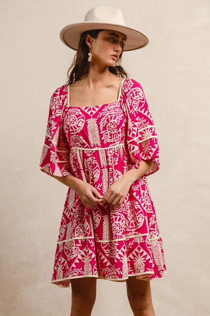 Aztec Woven Printed Contrast Binding Dress in Fuchsia - product view 5