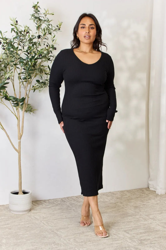 Full Size Ribbed Long Sleeve Midi Slit Dress in Black - product view 1