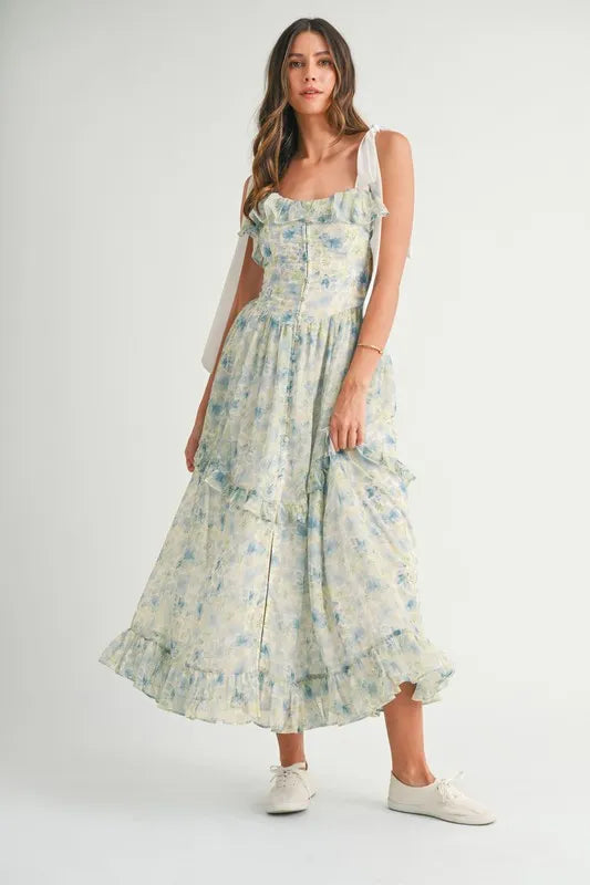 Floral Printed Shoulder Strap Midi Dress in Blue - product view 1