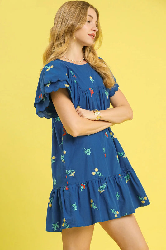 Floral Embroidered Short Sleeve Mini Dress - Dark Blue - product view 2