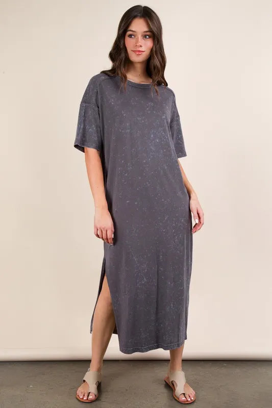 Plus Size Mineral Washed Casual Comfy Midi Dress in Charcoal - product view 4