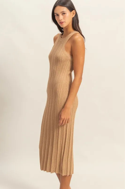 Round Neck Bodycon Ribbed Knit Dress - Dark Taupe - product view 3