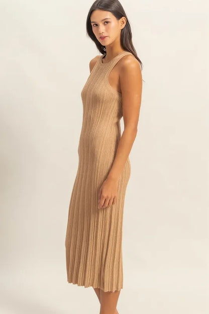 Round Neck Bodycon Ribbed Knit Dress - Dark Taupe - product view 3