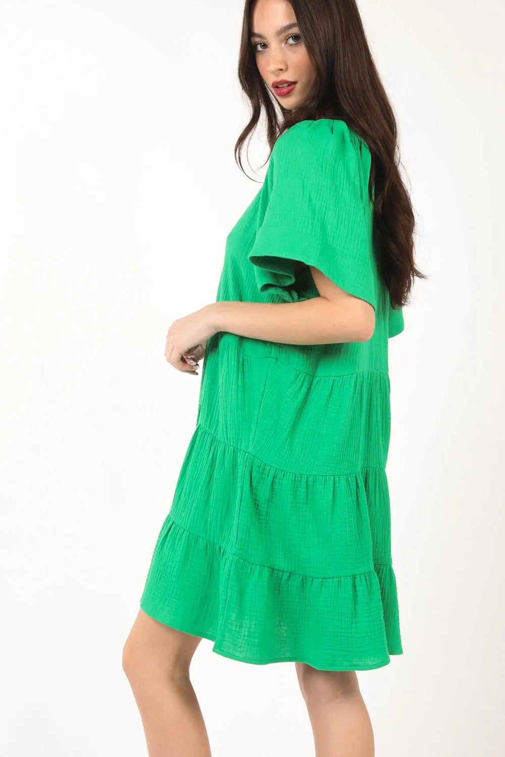 Texture V-Neck Ruffled Tiered Dress - Green - product view 3
