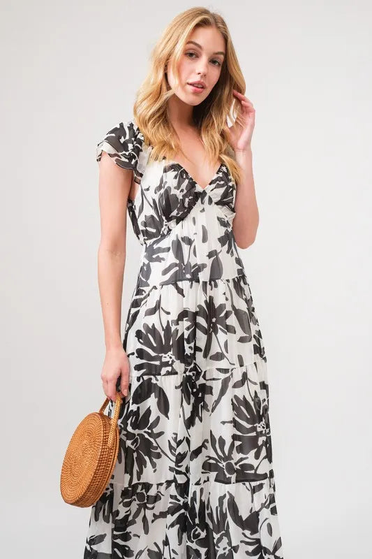 Ruffled Sleeve Tiered Floral Print Maxi Dress in Black Cream - product view 4