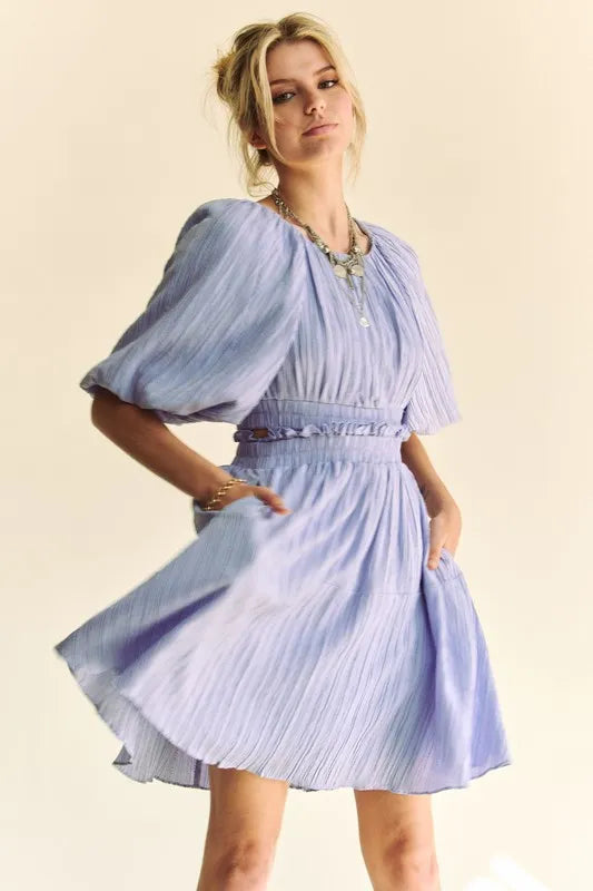 Back Button Puff Sleeve Mini Dress in Lavender - product view 6