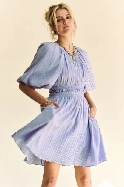 Back Button Puff Sleeve Mini Dress in Lavender - product view 6