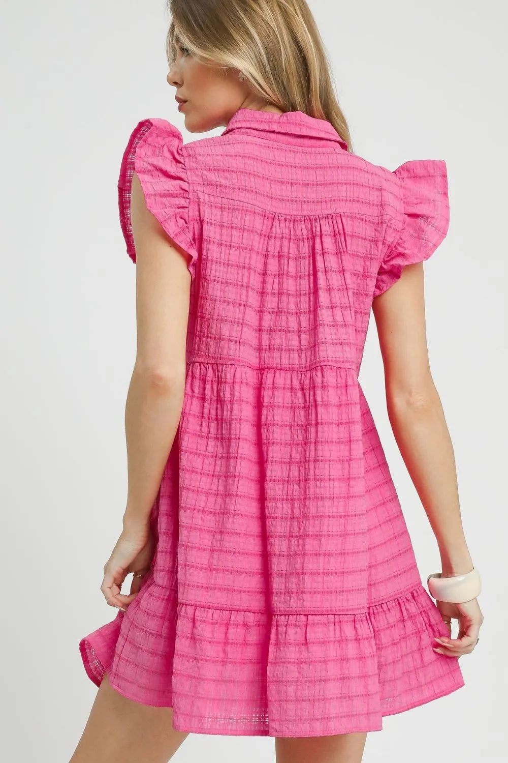 Ruffle Cap Sleeve Textured Mini Dress - Hot Pink - product view 3