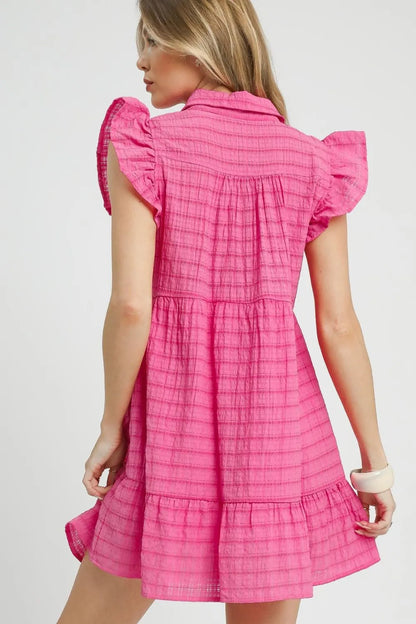 Ruffle Cap Sleeve Textured Mini Dress - Hot Pink - product view 3