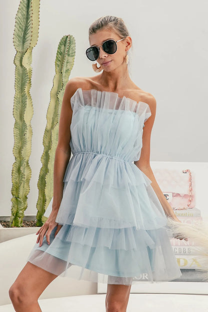 Sleeveless Layered Organza Dress in Sky Blue - product view 8