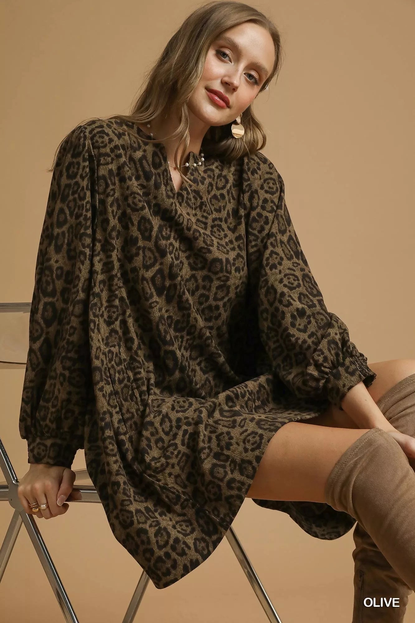 Leopard Print Long Sleeve Swing Dress in Olive - product view 2