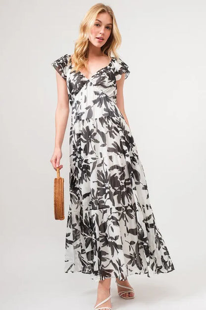 Ruffled Sleeve Tiered Floral Print Maxi Dress in Black Cream - product view 1