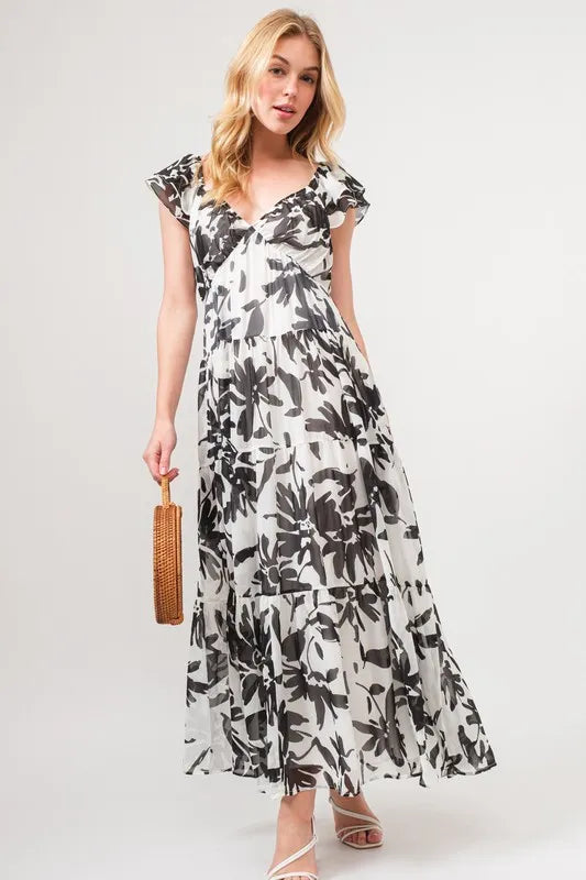 Ruffled Sleeve Tiered Floral Print Maxi Dress in Black Cream - product view 1