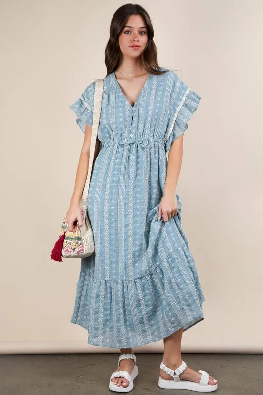 Embroidered Boho Ruffled Midi Dress - Blue - product view 1
