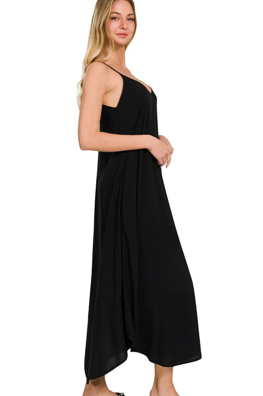 Woven Arc Hem Cami Dress With Flowy Pockets - Black - product view 1