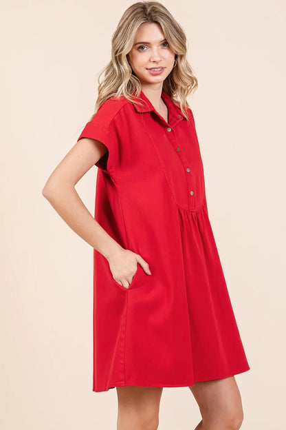 Twill Short Sleeve Collared Mini Dress - Red - product view 1