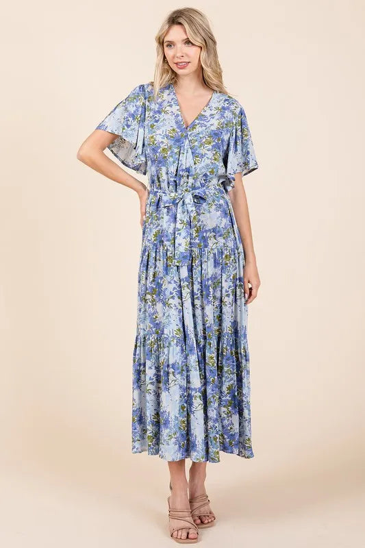 Floral Tie Waist Flutter Sleeve Tiered Dress in Dusty Blue - product view 3