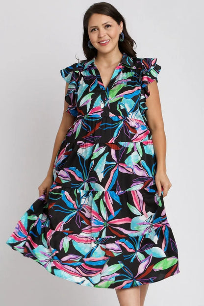 Full Size Leaf Print Double Layered Ruffle Sleeve Tiered Midi Dress Plus Size - Blackmix - product view 5