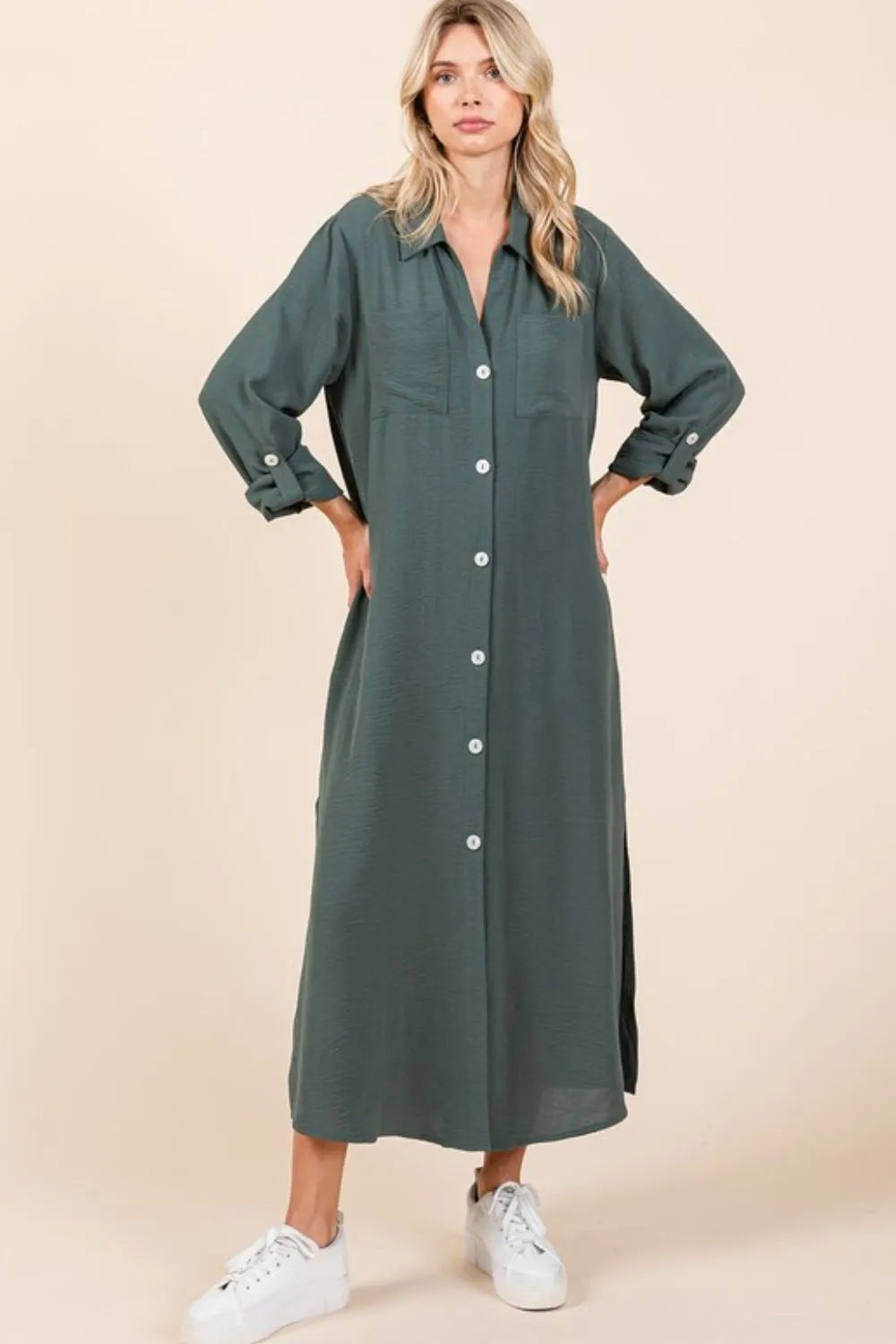 Airflow V-Neck Long Sleeve Button Down Maxi Dress in Lt Hunter - product view 5