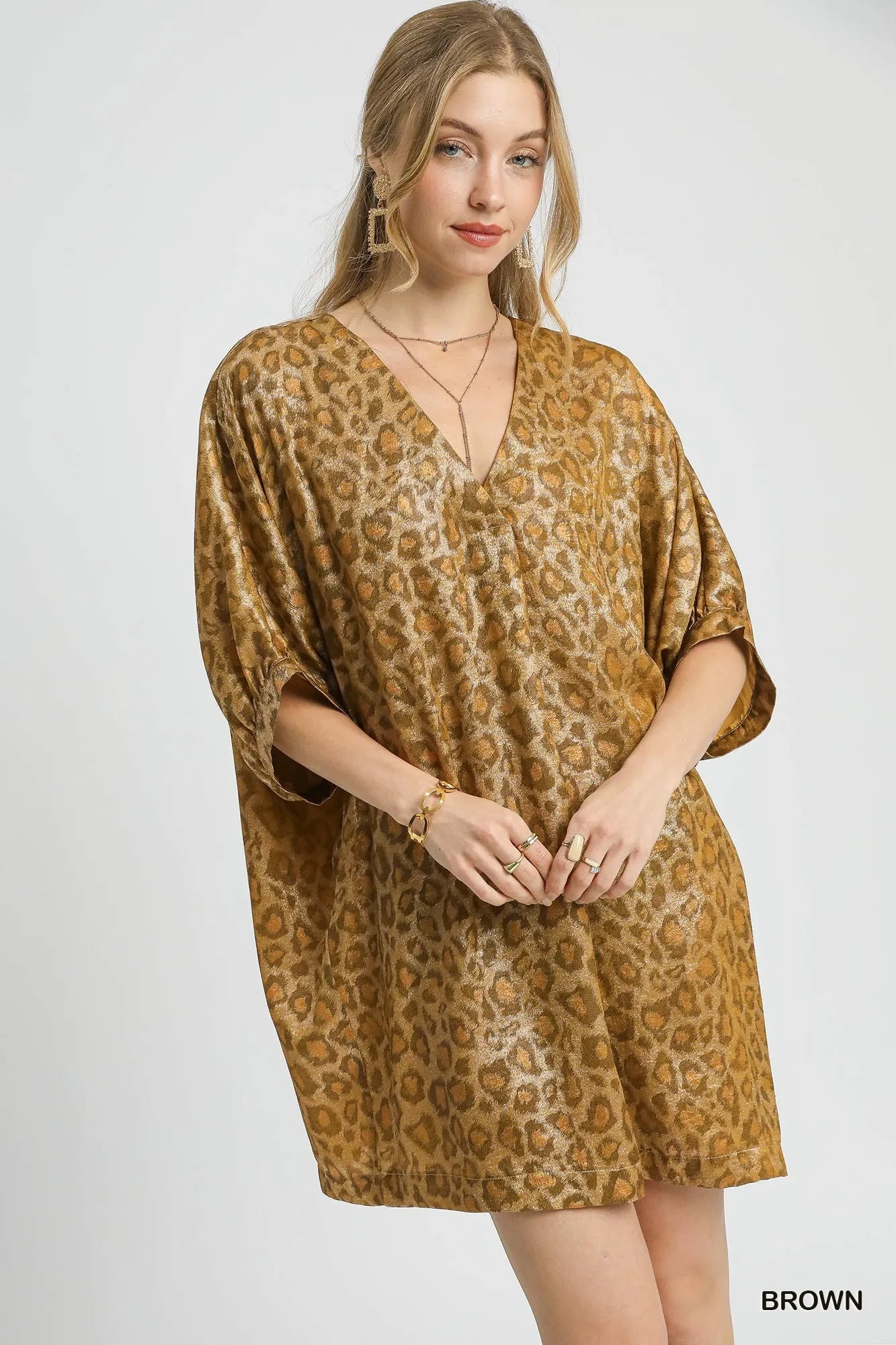 Metallic Leopard Print V-Neck Kimono Dress - Brown - product view 1