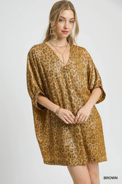 Metallic Leopard Print V-Neck Kimono Dress - Brown - product view 1