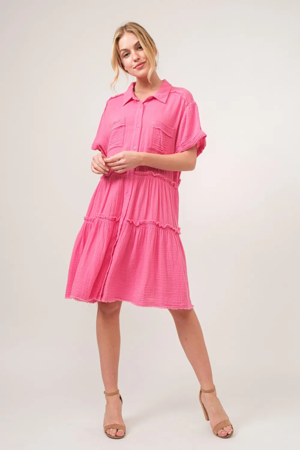 Full Size Raw Edge Washed Tiered Shirt Dress in Pink - product view 4