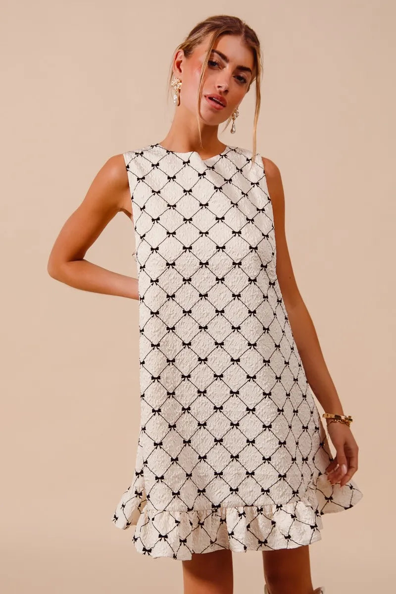 Texture Bow Printed Mini Ruffle Dress in Ivory - product view 4